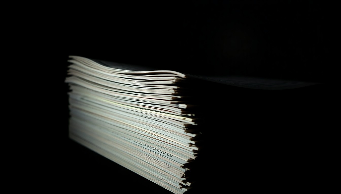 An extreme close-up photograph of crumpled financial documents lit by a harsh, direct camera flash, creating a stark, gritty, investigative aesthetic without any text or symbols.