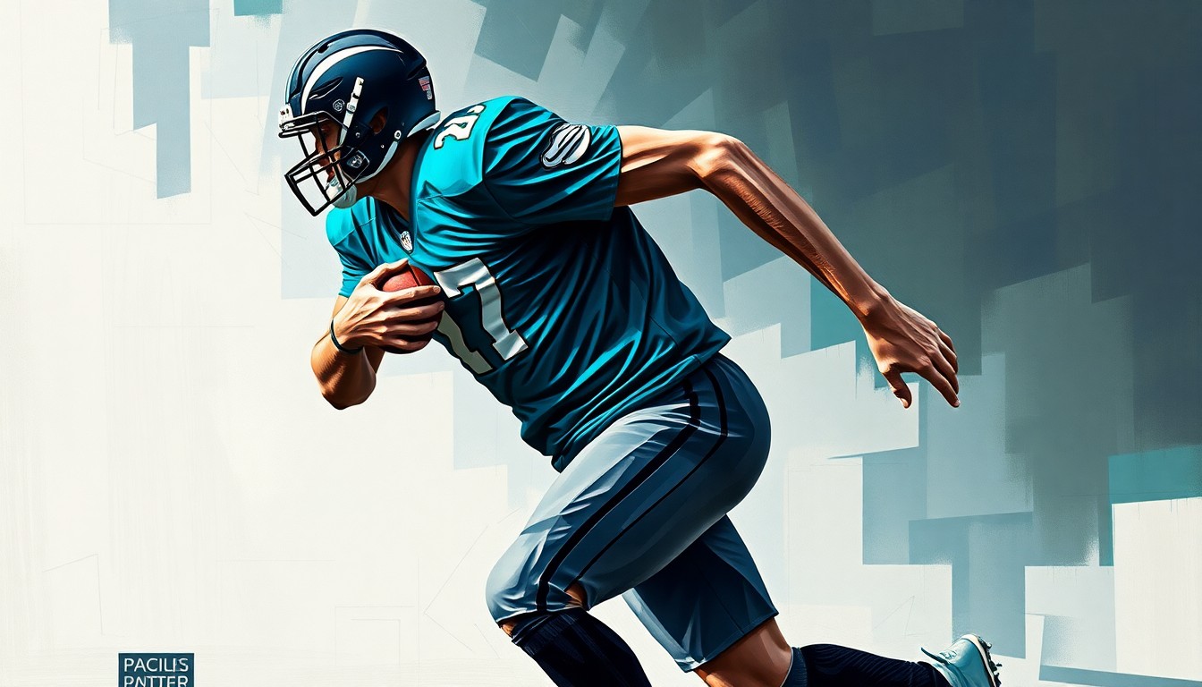 A fragmented, cubist-style painting depicting a football player in mid-stride, with their body broken down into sharp, overlapping geometric shapes in the team colors of teal and black, conveying the idea of scouting and evaluating a top prospect.