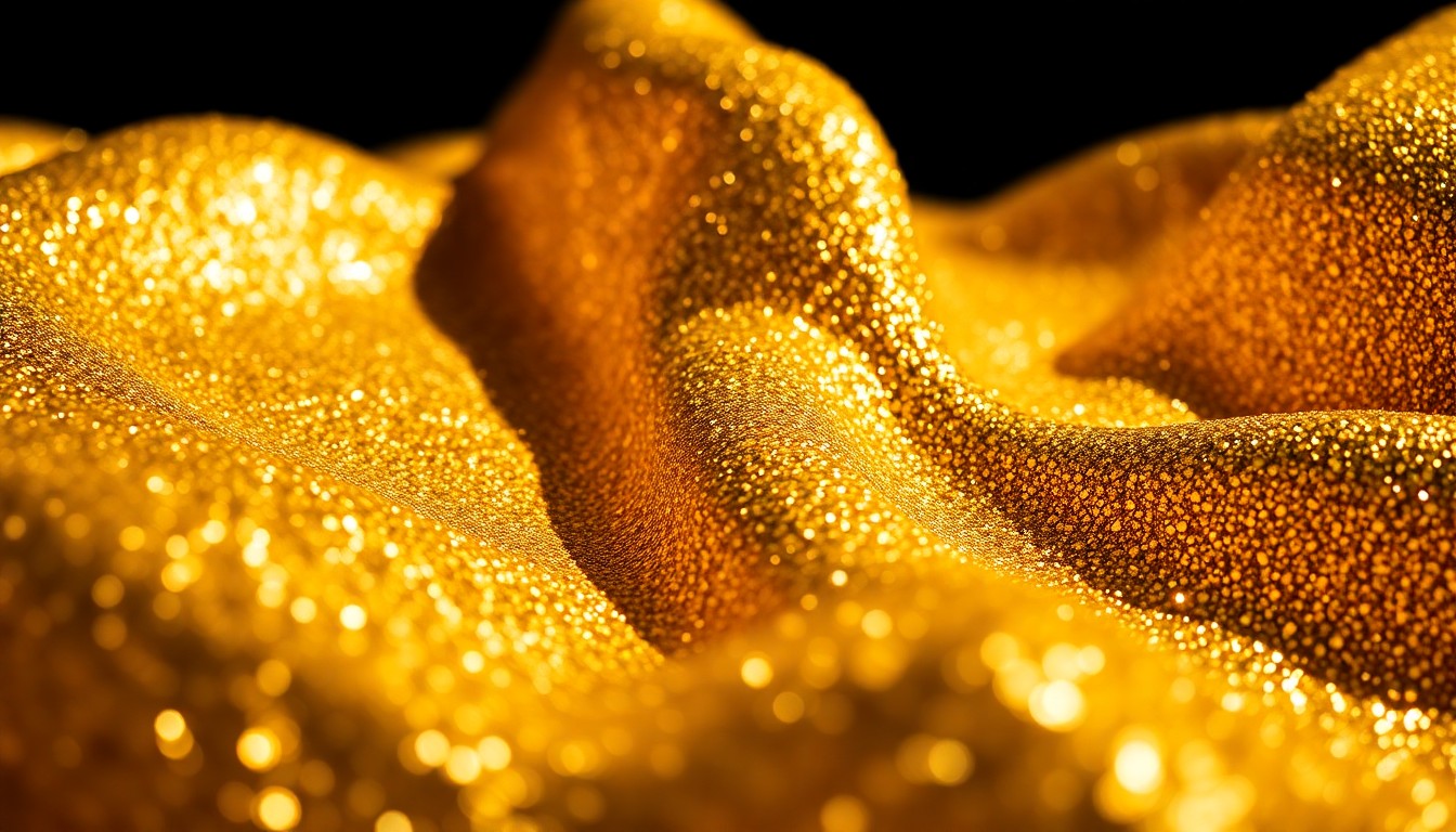 An extreme close-up photograph of shimmering, glittering gold and silver textures in dramatic high-contrast studio lighting, conceptually representing the glamour and luxury of a high-end art auction.