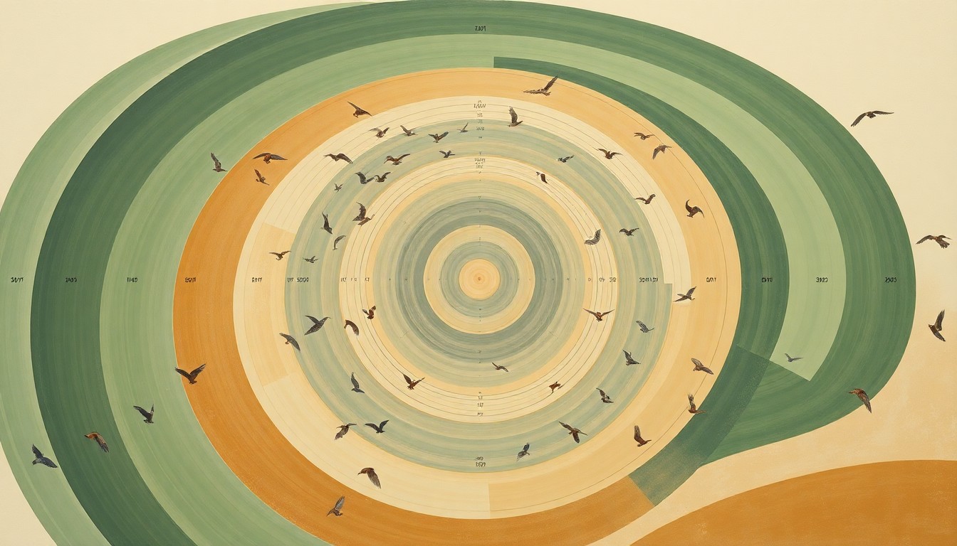 A highly structured abstract painting in soft, earthy tones depicting the complex migratory patterns and population dynamics of birds, conveying the natural rhythms and structural order of avian life cycles through sweeping geometric arcs, concentric circles, and precise botanical spirals.