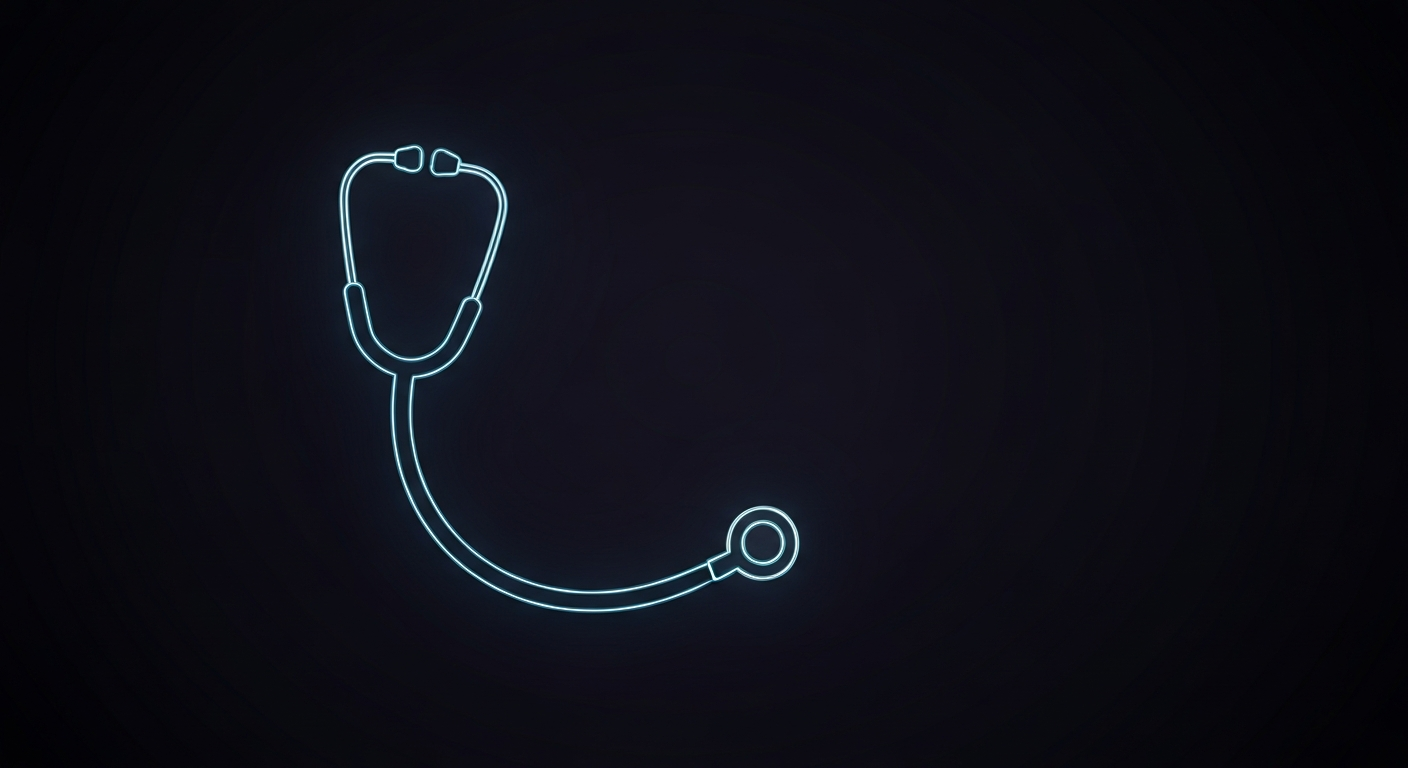 A minimalist design in the style of Keith Haring where a stethoscope is defined entirely by glowing, vibrant neon lines against a deep, dark background, emphasizing the shape and electricity of medical technology.