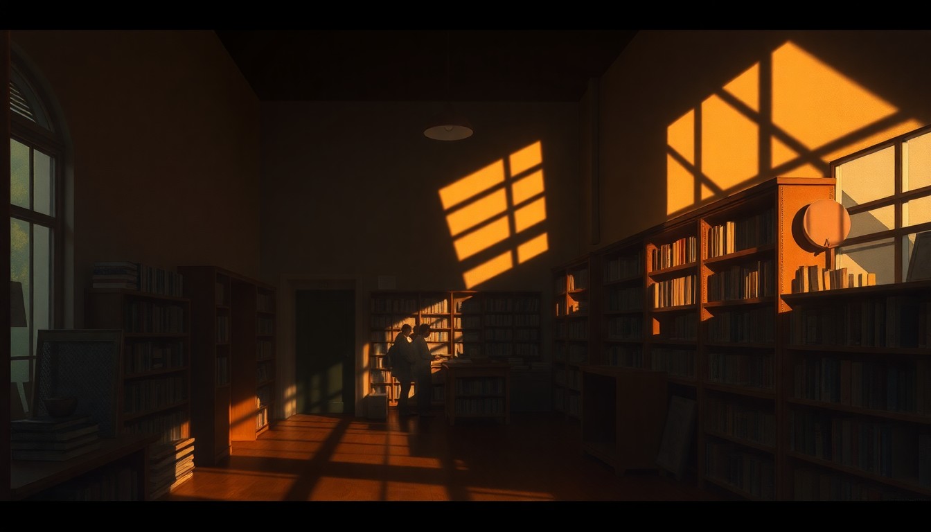 A cozy, dimly lit interior of a bookshop, with sunlight streaming in through the windows and casting long shadows across the space. A few people are gathered in the shop, browsing the shelves or sitting in chairs, creating a sense of quiet contemplation and community.