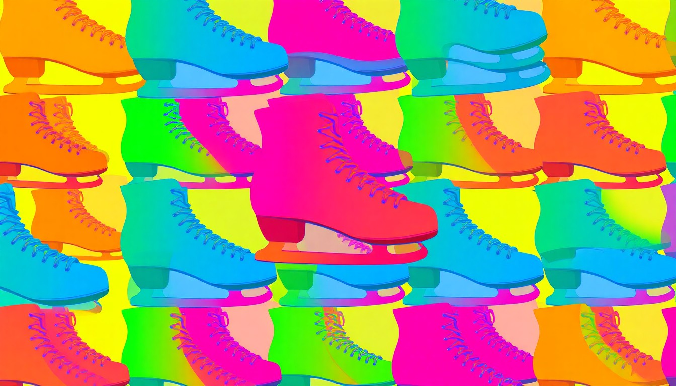 A bold, graphic illustration featuring a repeated pattern of a single ice skate silhouette in a grid, rendered in a high-contrast palette of neon blues, greens, and pinks, conceptually representing the community's enthusiasm for winter sports and recreation.