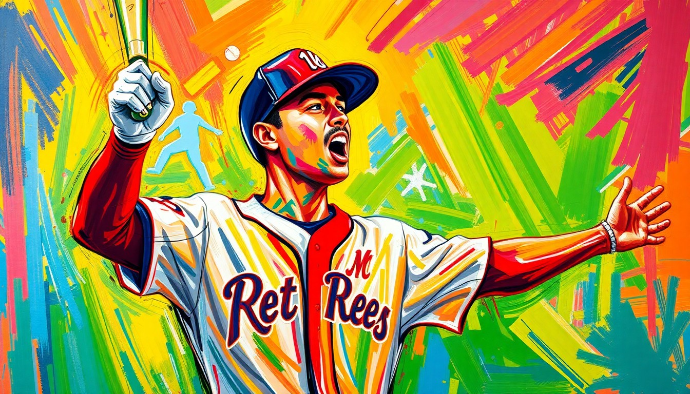 An abstract, expressionist painting in vibrant neon colors, with rapid brushstrokes conveying the raw emotion and excitement of a baseball player being surprised with a promotion to the major leagues.
