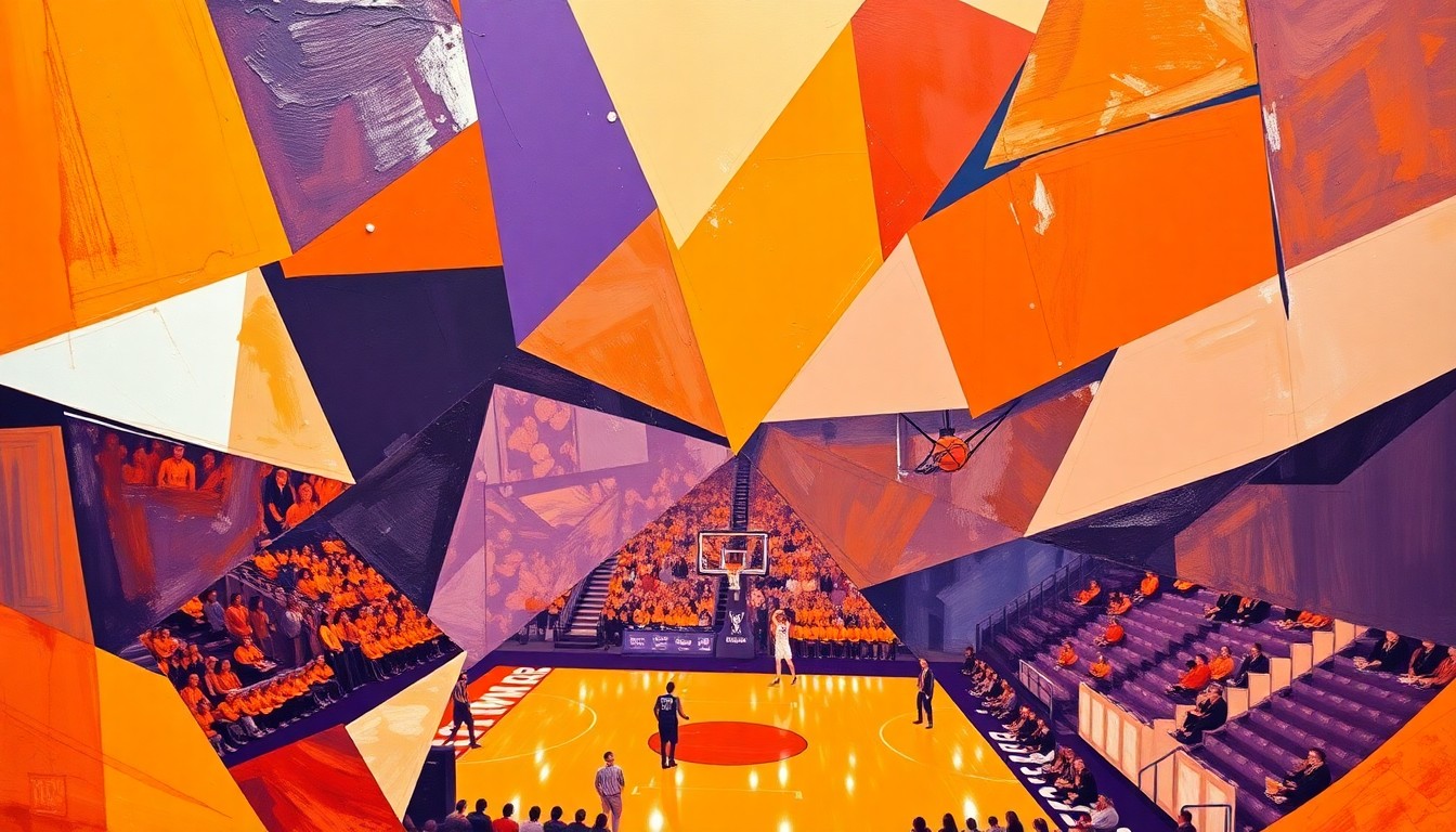 A cubist, geometric painting depicting a Clemson women's basketball game, with the court and players broken down into sharp, overlapping planes of orange and purple.