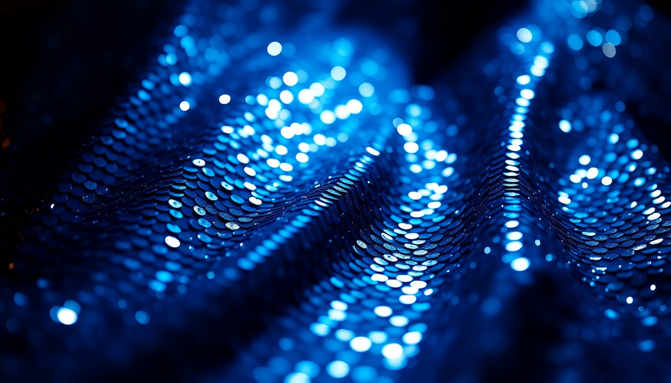 An extreme close-up photograph of shimmering blue sequins in dramatic studio lighting, conceptually representing the luxurious, high-fashion aesthetic of Alo Yoga's new Coachella-inspired activewear collection.