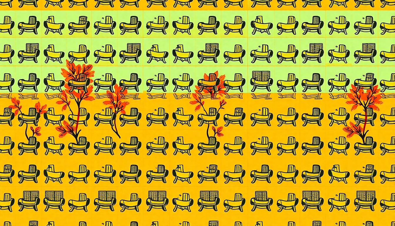 A brightly colored, high-contrast silkscreen print of an iconic park bench or picnic table, repeated in a tight grid pattern in neon shades of green, blue, and orange, conceptually representing the lively, community-focused design of the new Midtown Green public space.