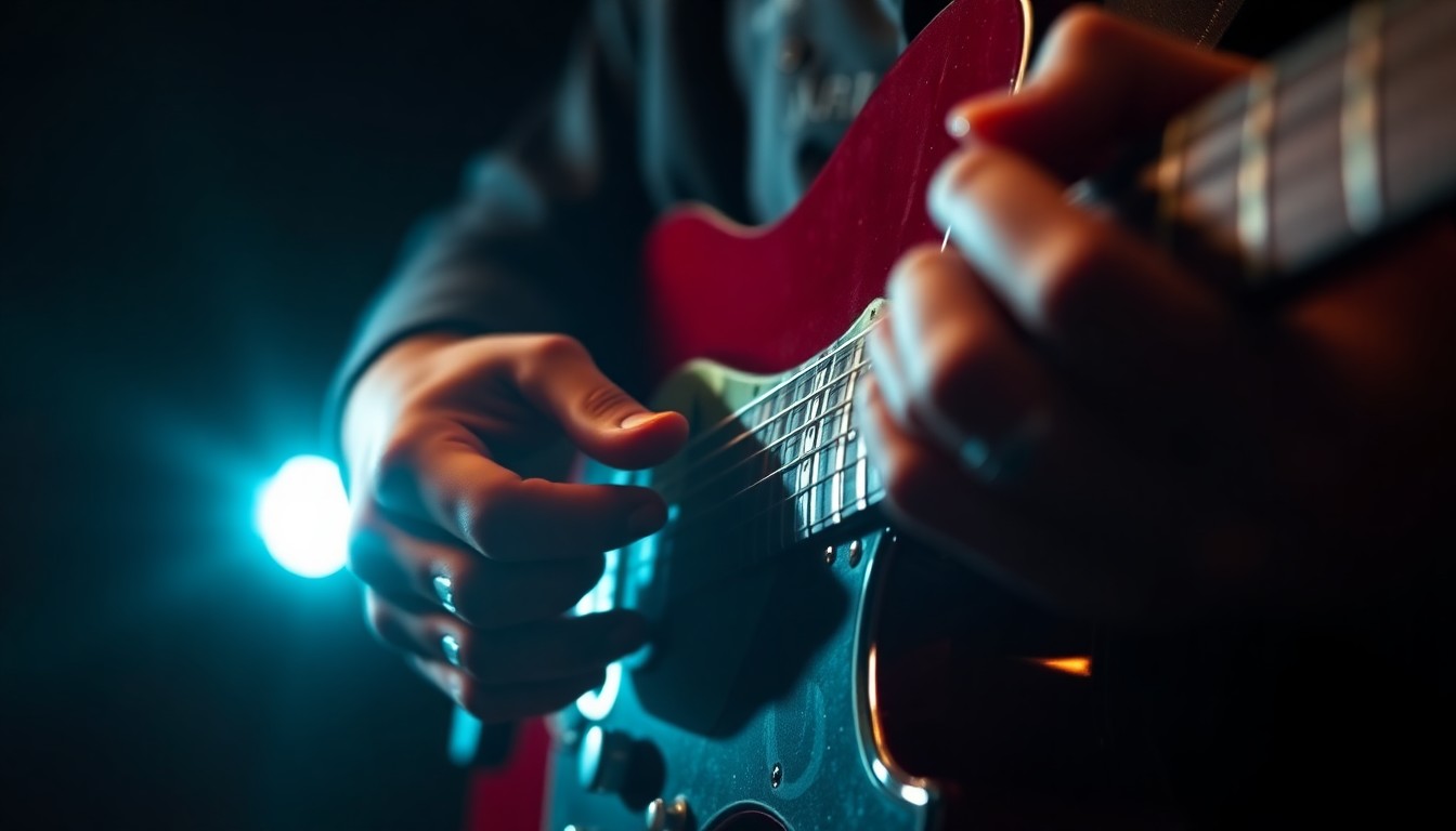 An extreme close-up photograph of a musician's hands playing guitar, with the fingers and strings captured in dramatic high-contrast lighting to create a glitzy, high-fashion aesthetic focused on the texture and movement of the performance.