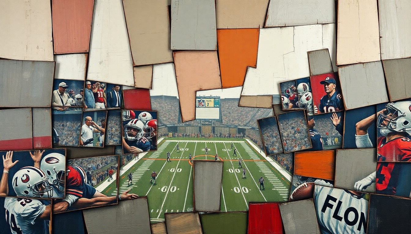 A fragmented, geometric painting depicting an NFL Draft scene, with overlapping planes of muted steel gray, brick red, and olive green tones creating a dynamic, abstract composition.