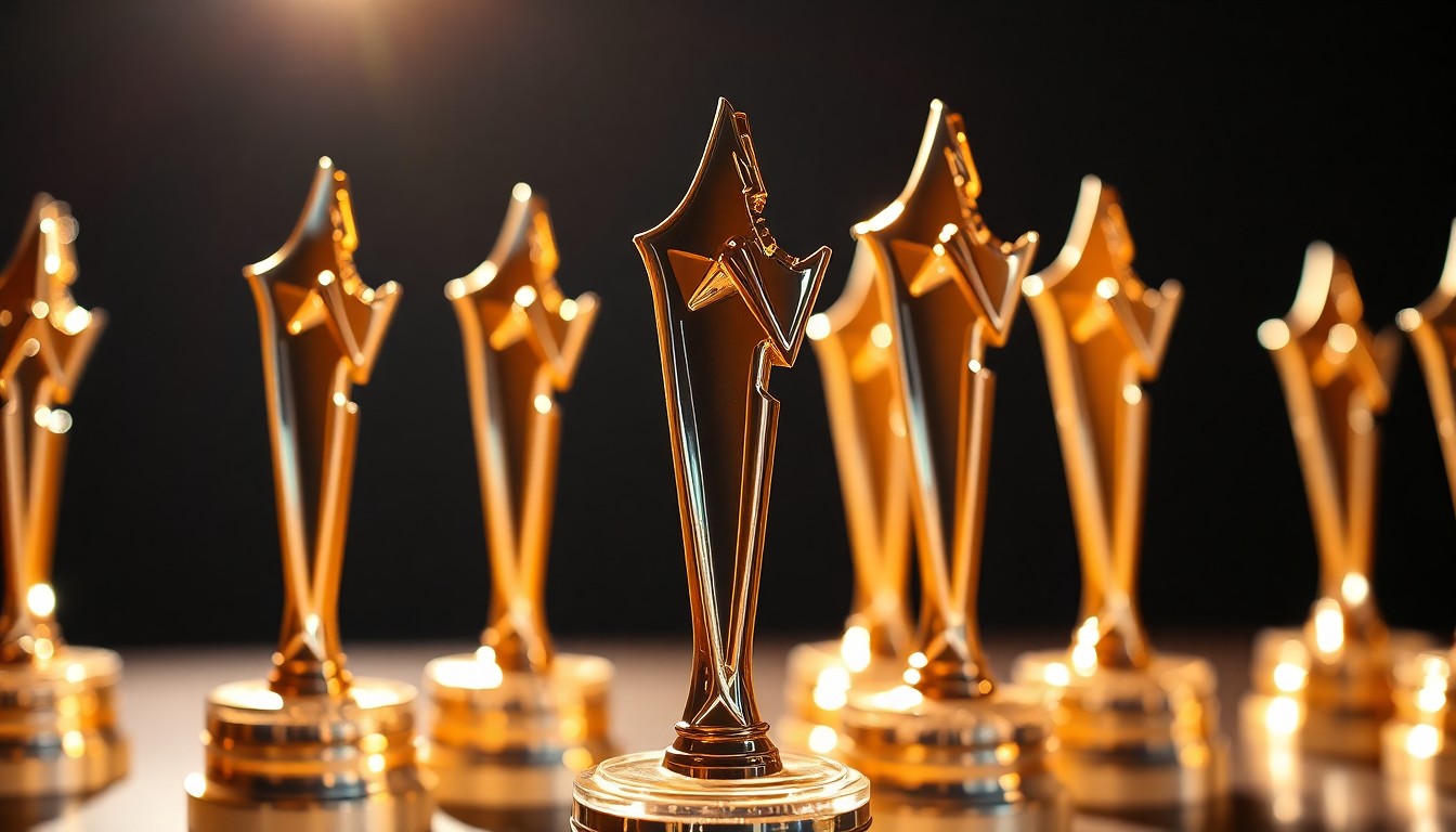 An abstract close-up photograph of shiny, metallic country music award statues under dramatic studio lighting, conveying the glitz and prestige of the music industry.