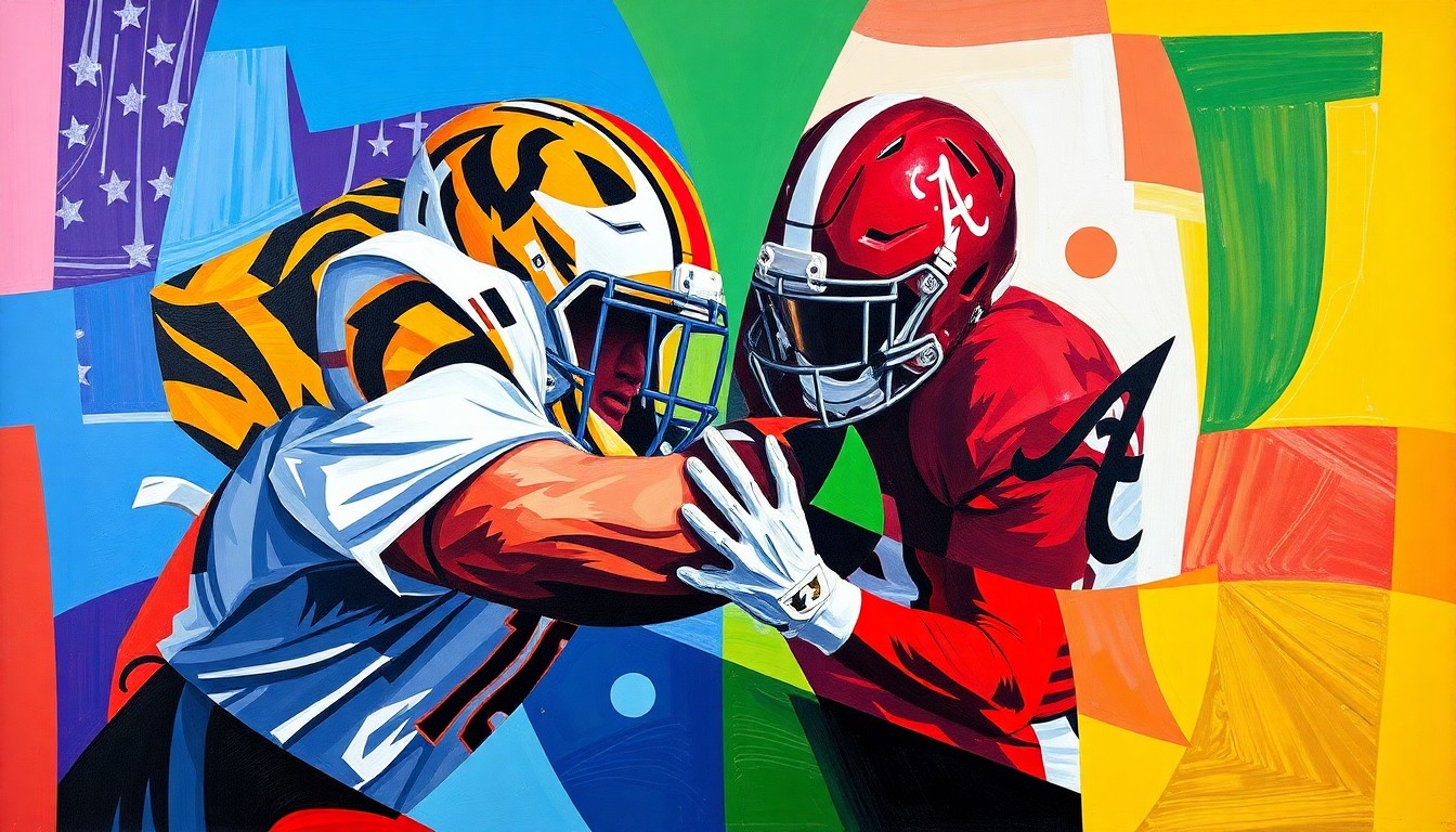 A cubist-style painting depicting a college football targeting penalty, with the action broken down into overlapping geometric shapes in the team colors of Missouri and Alabama. The visual style conveys the complex and fractured nature of the rule change.