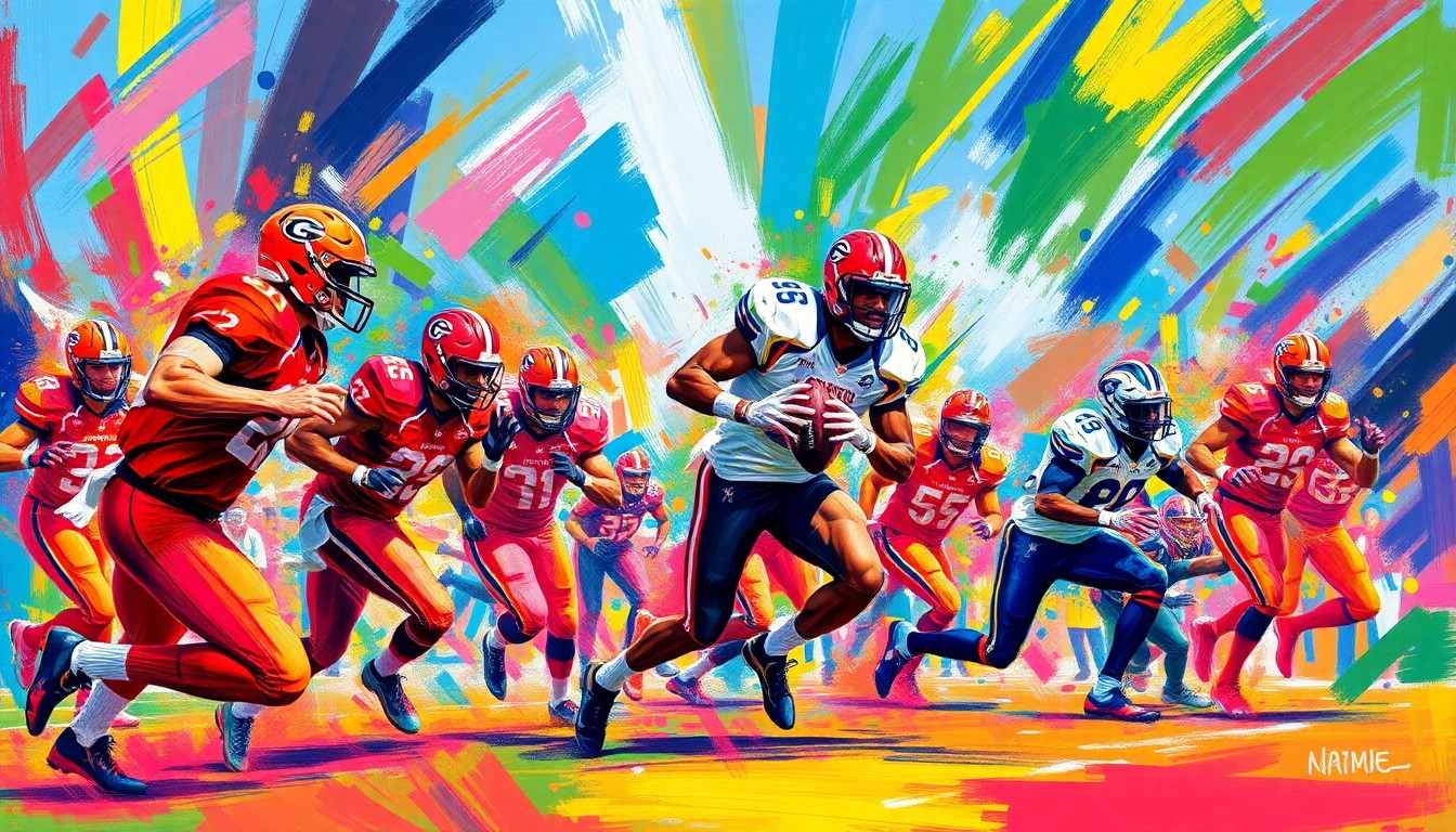 An abstract, expressionist painting in bright neon colors, with sweeping brushstrokes capturing the dynamic energy and motion of a college football game.