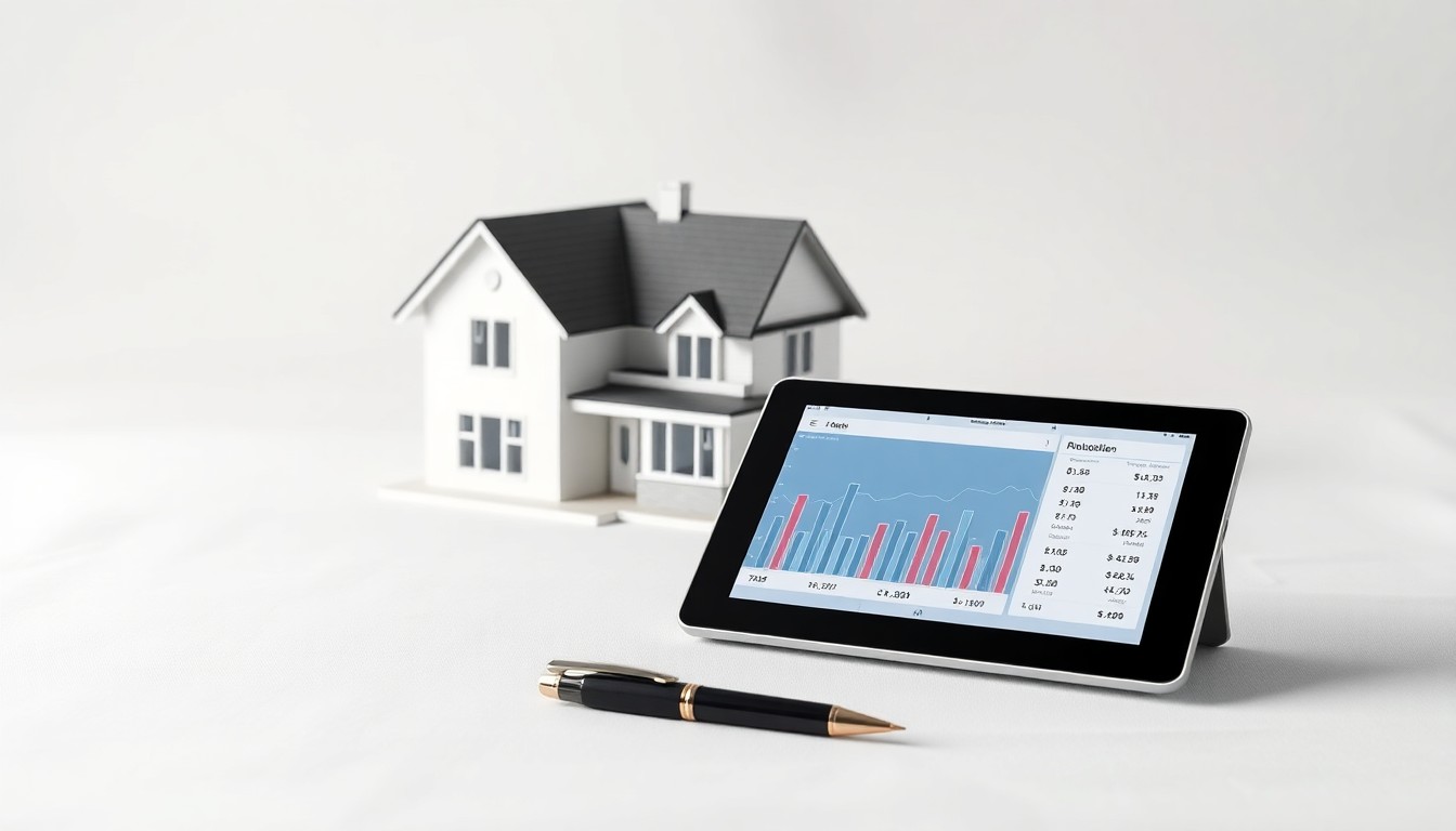 A high-end, photorealistic studio still-life photograph featuring a sleek, modern architectural model of a residential home, a tablet displaying financial data, and a pen, all arranged elegantly on a clean, monochromatic background to represent the strategic planning and financial considerations behind KB Home's corporate relocation.