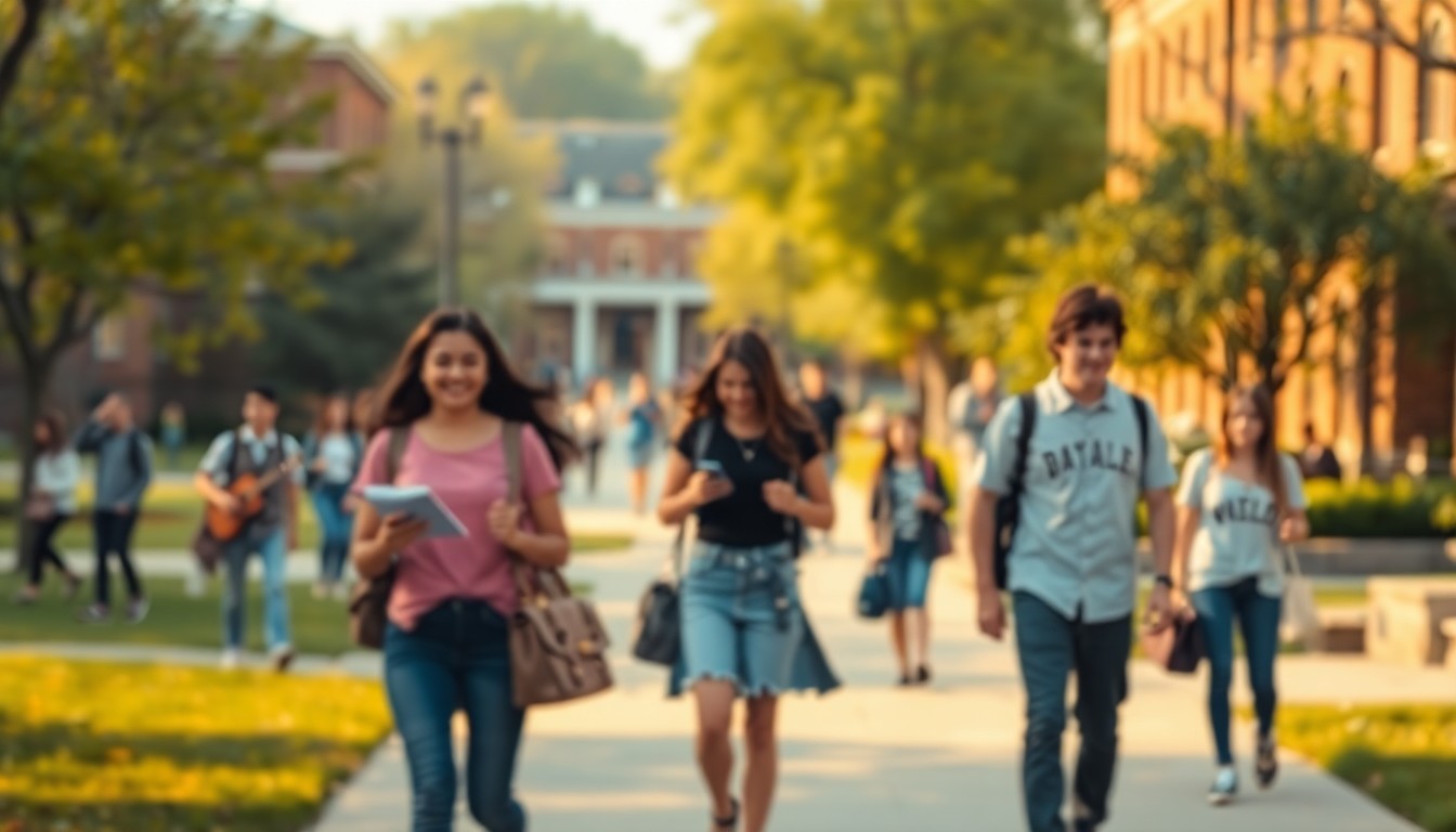 A blurred, impressionistic photograph depicting the soft, warm glow of a college campus, with students walking, studying, and socializing in the foreground, conveying a sense of nostalgia and the bittersweet emotions of a college experience coming to an end.
