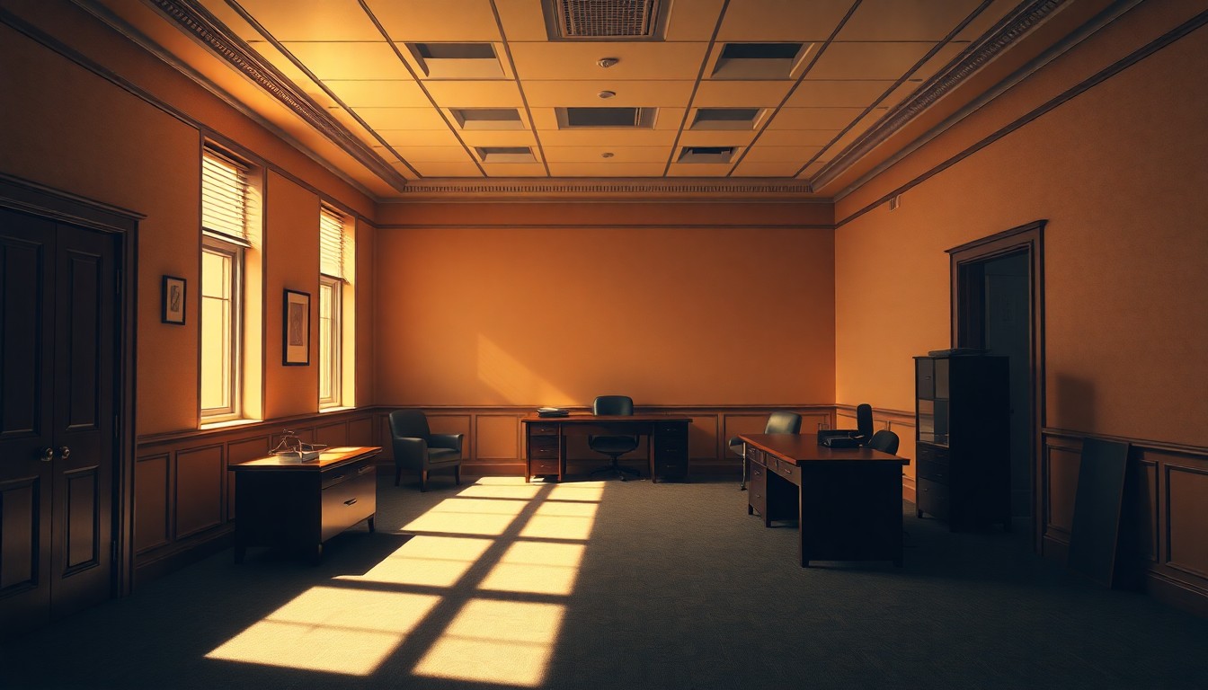 A dimly lit, cinematic painting of an empty government office space, with warm sunlight streaming through the windows and deep shadows obscuring details. The scene conveys a sense of political disillusionment and ethical decay.