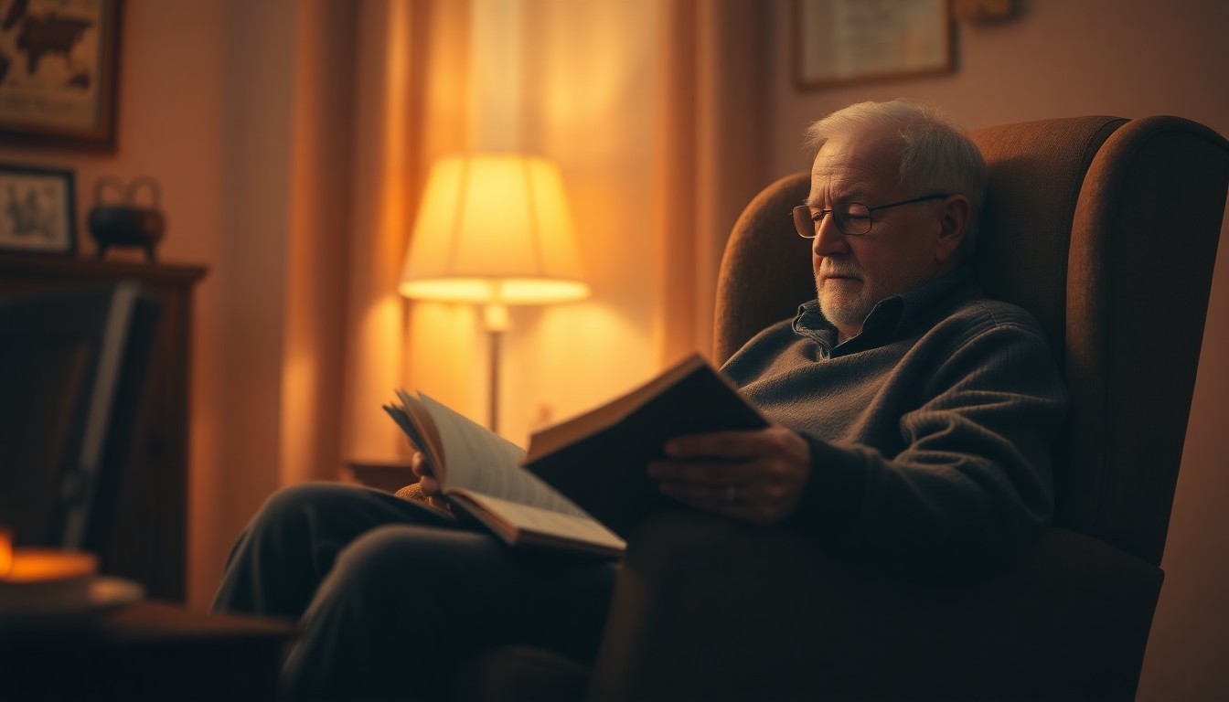 A blurred, dreamlike photograph in warm, earthy tones showing an older man sitting in a chair and reading a book, the scene bathed in a soft, ambient glow.
