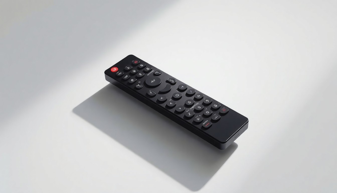 A high-end, photorealistic studio still-life photograph of a sleek black metal and glass TV remote control, floating on a clean white background and dramatically lit from the side to highlight its elegant, minimalist design.