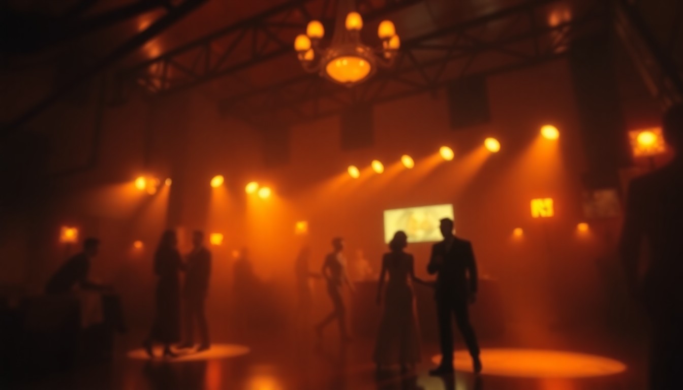 An abstracted, impressionistic scene of a dimly lit 1920s dance hall interior, with soft, warm light and color creating a nostalgic, melancholy atmosphere.