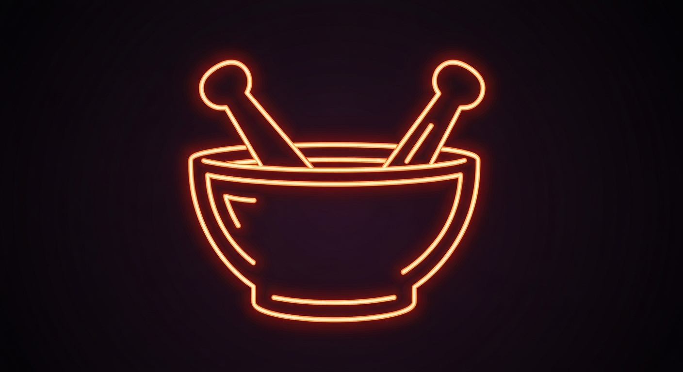 A glowing neon outline of a mortar and pestle, the universal symbol of pharmacy, against a dark background, conveying a sense of urgency about the pharmacists' call to action.