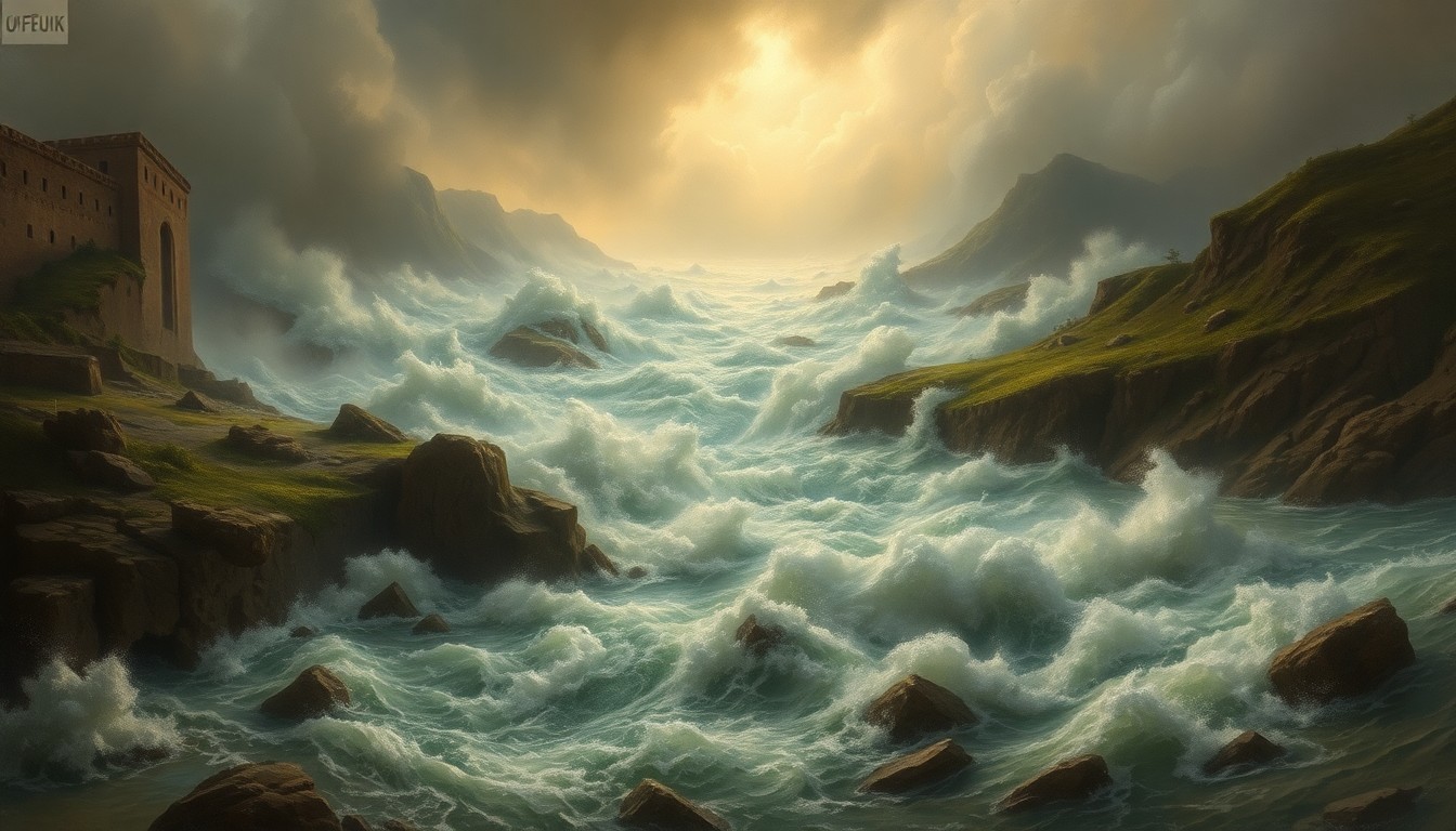 A sweeping, atmospheric landscape painting in muted tones of gray, blue, and green, depicting a raging river swollen with floodwaters that dominate the scene, conveying the overwhelming power of nature during a natural disaster.
