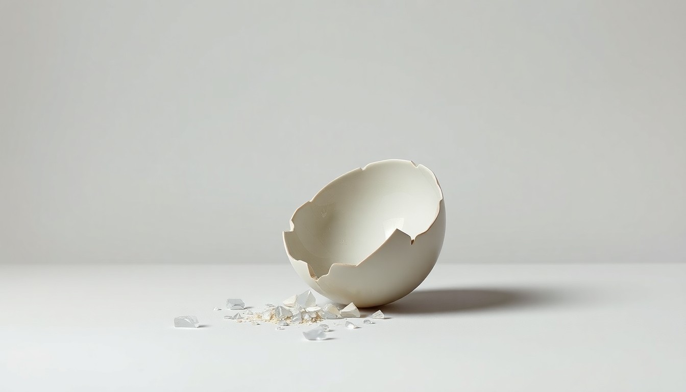 A high-end, photorealistic studio still-life photograph featuring a shattered glass or ceramic object placed on a clean, monochromatic background, conceptually representing the collapse of The Pearl lesbian bar in Denver.