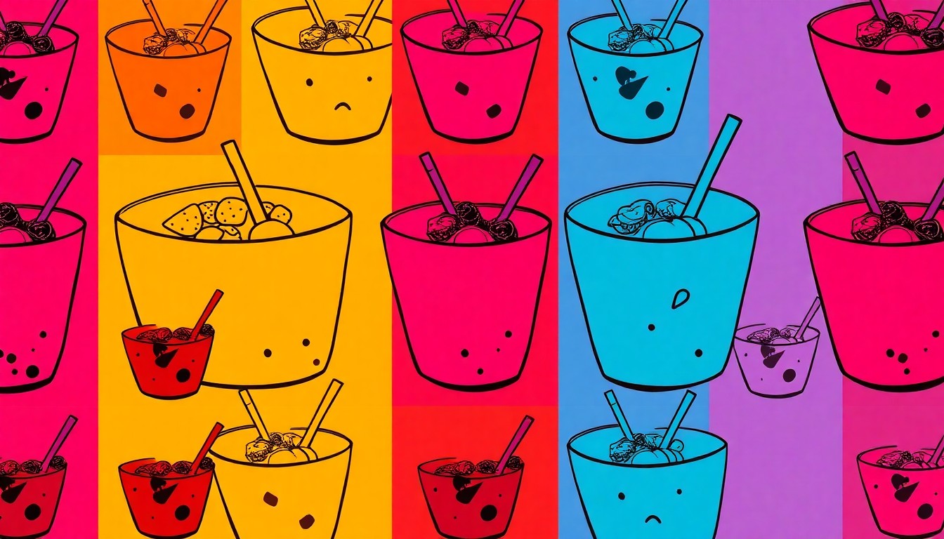 A high-contrast, silkscreen-style illustration of a single Goodness Bowls menu item, such as an açaí bowl or smoothie, repeated in a grid pattern with bold, neon-like colors and heavy black outlines, conceptually representing the franchise's modern, health-focused approach to casual dining.