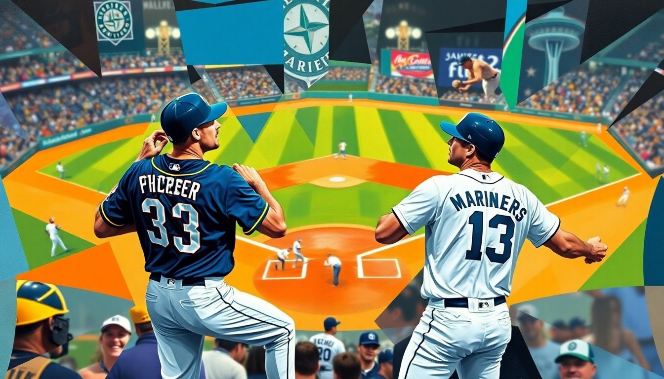 A cubist-style painting featuring overlapping geometric shapes and planes in the colors of the Padres and Mariners uniforms, capturing the dynamic energy of a baseball game between the two teams.