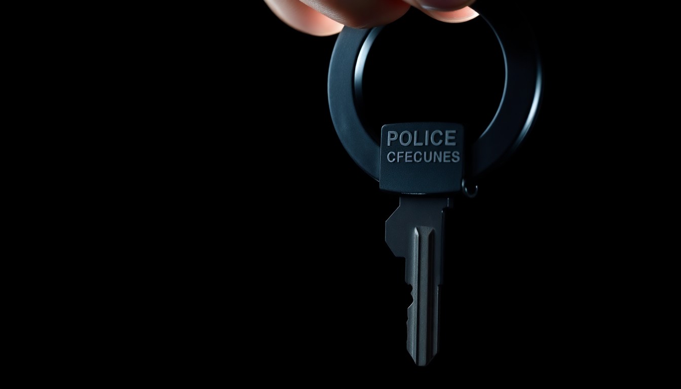 An extreme close-up photograph of a police officer's handcuff key against a pitch-black background, creating a stark, gritty, investigative aesthetic that conceptually represents the debate over policing tactics.