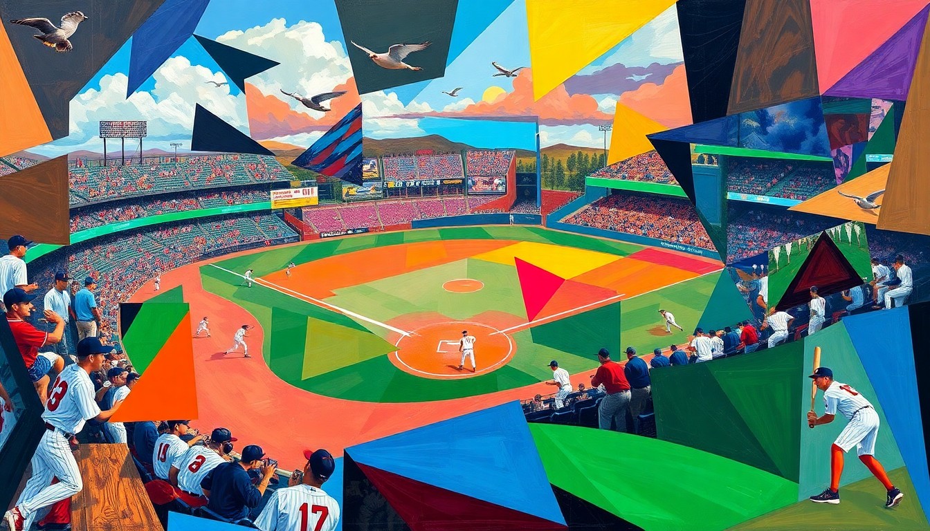 A fractured, cubist-style painting depicting the dynamic action of a baseball game, with sharp geometric shapes and planes of bright team colors representing the Bayfield Wolverines and Centauri players in motion.