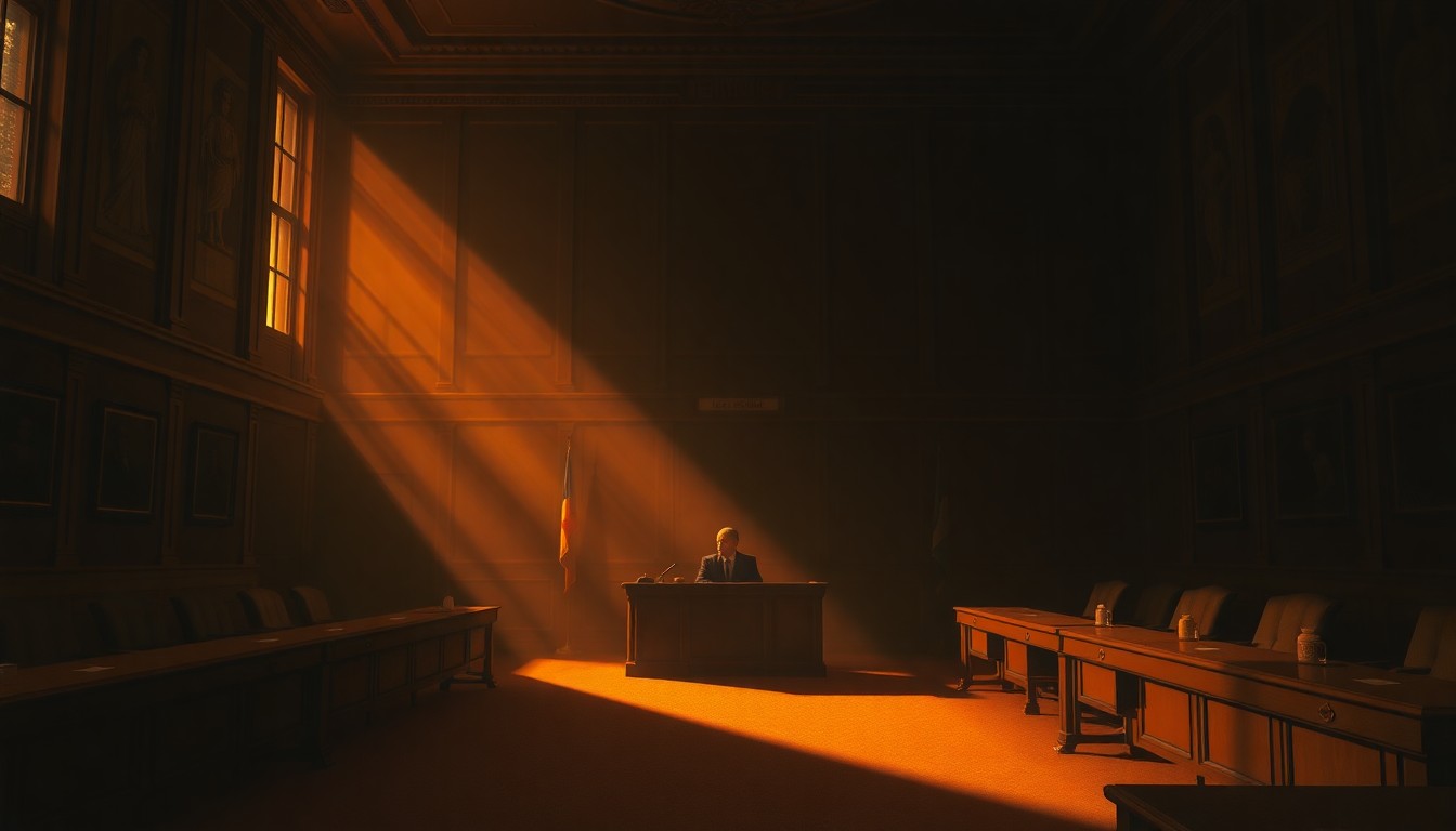 A dimly lit, textured painting of a city council chamber with a single figure seated at a desk, bathed in warm, diagonal sunlight, conceptually representing the international exchange of local government practices.