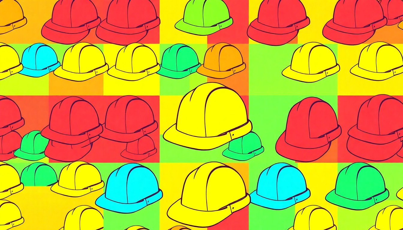 A brightly colored, high-contrast silkscreen print of a single, iconic work item like a hard hat or toolbox, repeated in a tight grid pattern to create a modern pop art representation of the ACE program's focus on job skills and independence for students with special needs.