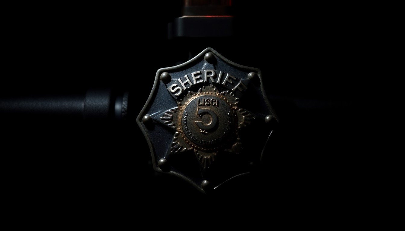 An extreme close-up photograph of a sheriff's badge against a stark black background, lit dramatically by a harsh camera flash, conceptually representing the somber investigation into a law enforcement tragedy.