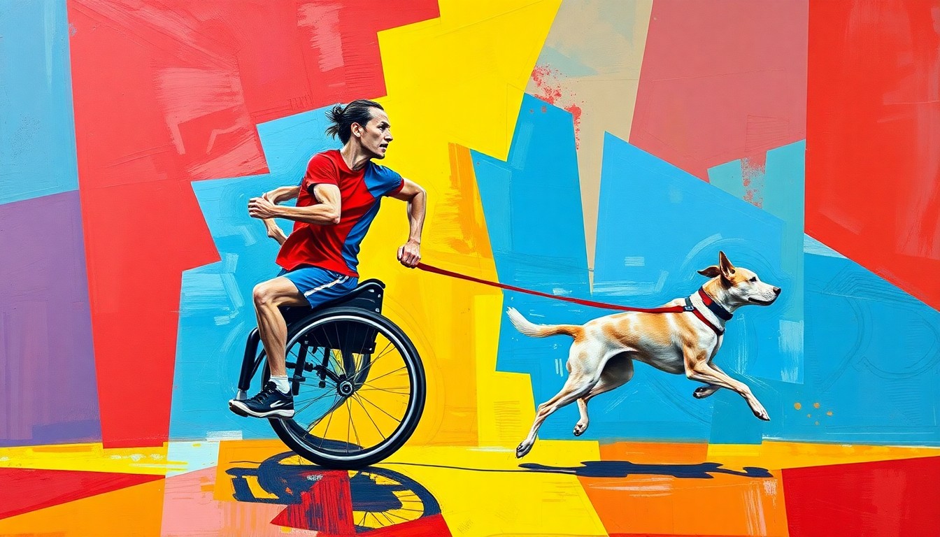 A fractured, geometric painting depicting a runner in a wheelchair and their service dog in motion, with vibrant colors and overlapping planes conveying the energy and determination of the athlete.