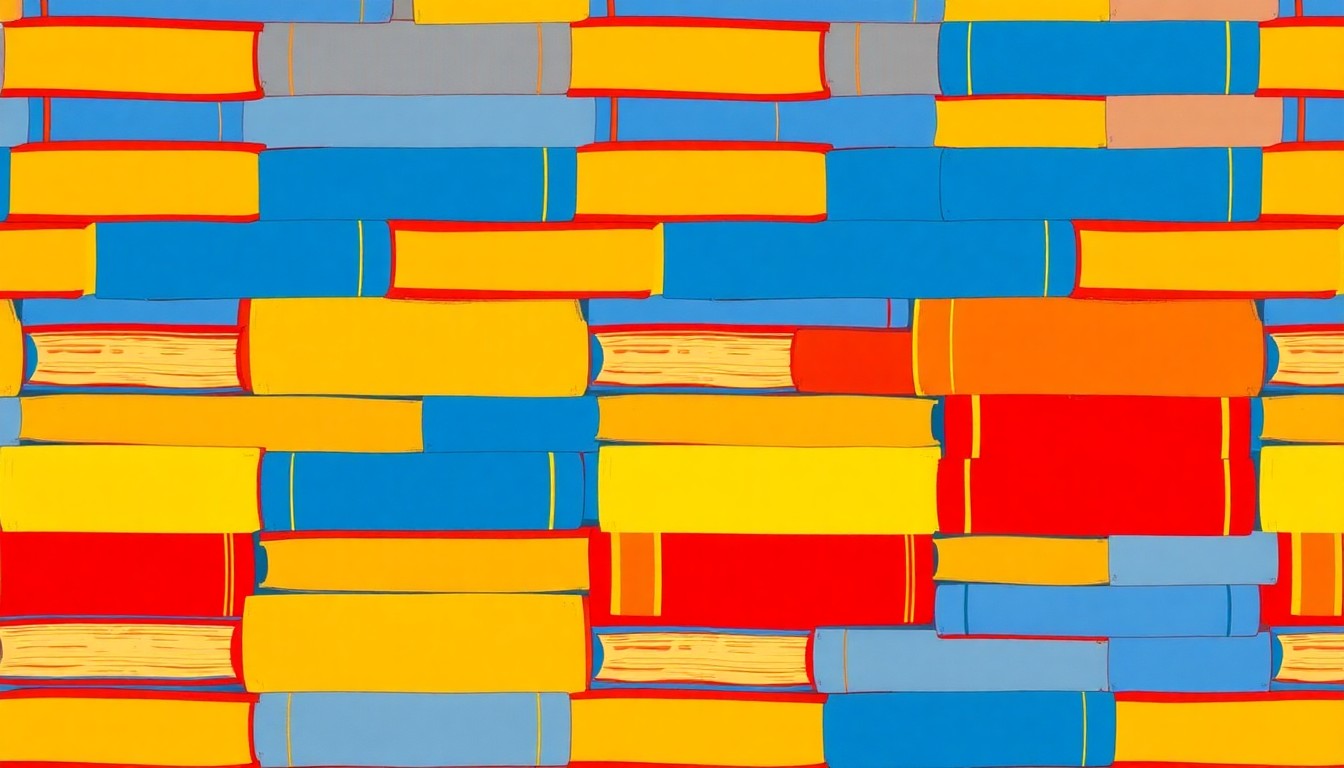 A vibrant, pop art-inspired illustration featuring a repeating grid of stylized book icons in bold, neon-like colors, conceptually representing the academic success of Harmony School students.