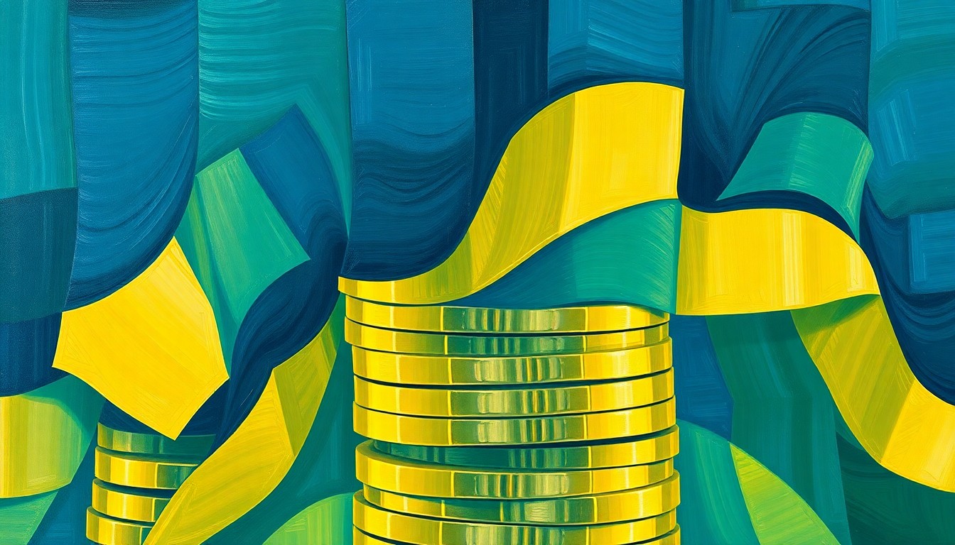 An abstract, fragmented painting in shades of blue, green, and gold depicting a stack of coins or dollar bills, conveying a sense of financial uncertainty and unease.