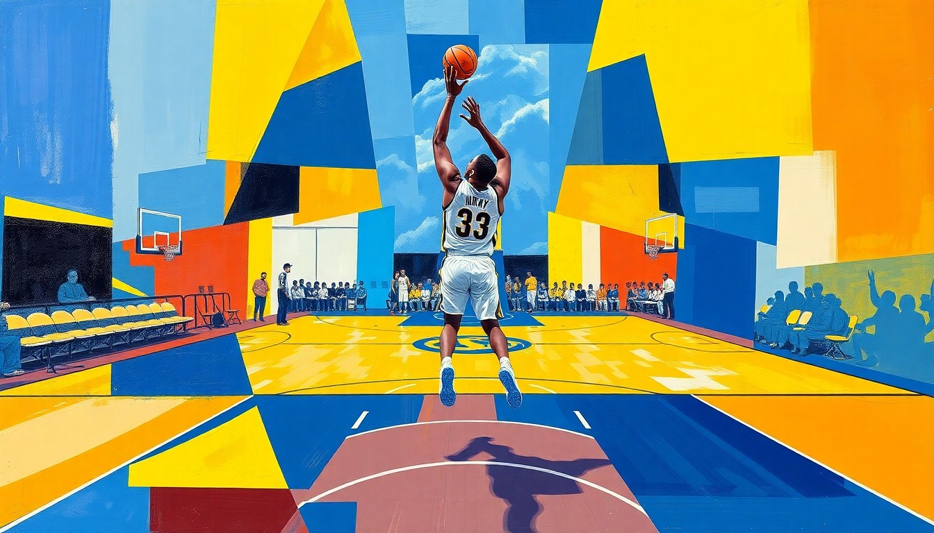 A cubist, geometric painting depicting the fractured, multi-angled movements of a basketball player shooting a three-pointer, with the court and player's uniform dissolving into sharp, overlapping planes of color.
