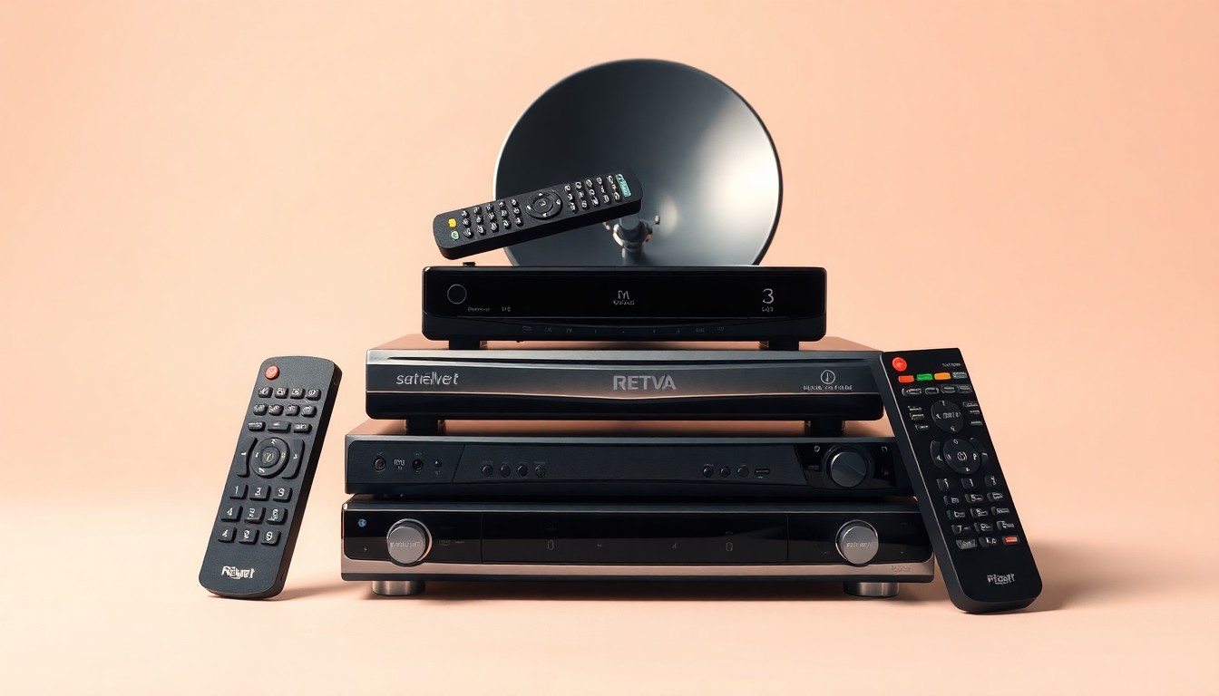A high-end, photorealistic studio still-life photograph featuring a stack of sleek, polished satellite TV receivers and remote controls arranged elegantly on a clean, monochromatic background, conceptually representing the abstract corporate strategy and market dynamics behind carriage disputes between TV providers and local broadcasters.
