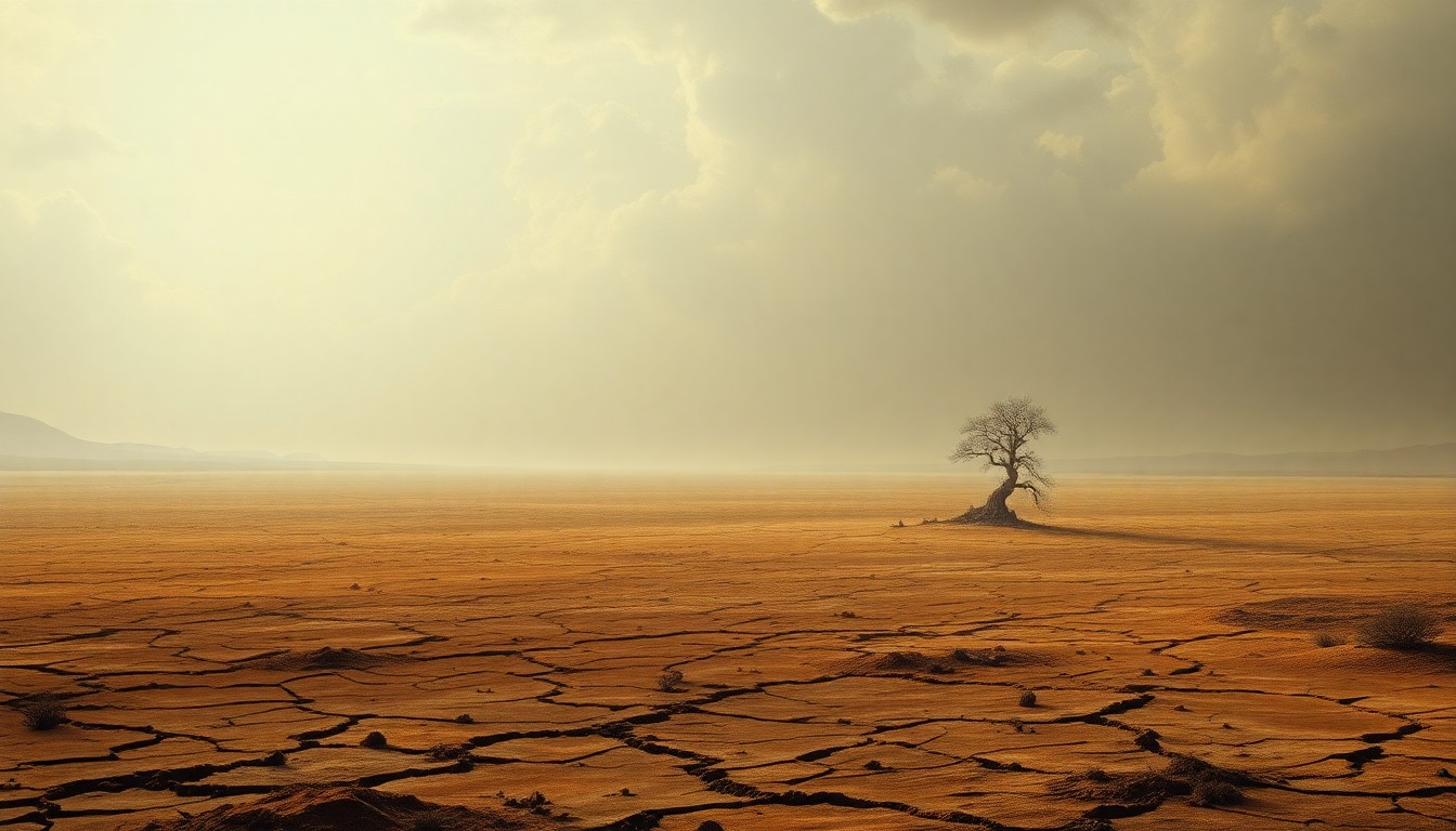 A vast, atmospheric landscape painting in muted earth tones, featuring a solitary, withered tree silhouetted against a hazy, oppressive sky, conveying the overwhelming scale and impact of the prolonged drought on the local environment.