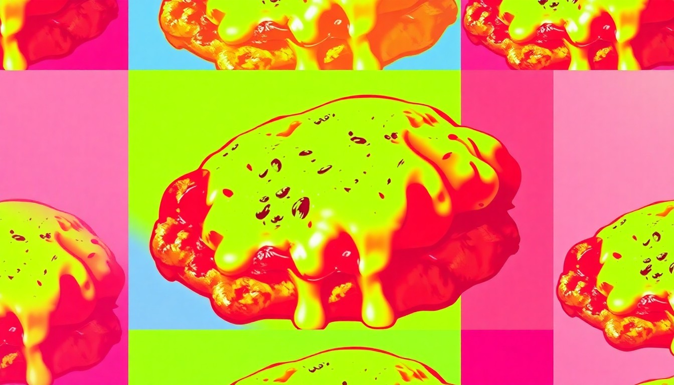 A brightly colored, high-contrast silkscreen print of a single, iconic chicken parmesan dish repeated in a tight grid pattern, utilizing flat, vibrant, and unnatural neon color palettes overlapping with heavy black photographic outlines to turn the everyday comfort food into modern pop art.