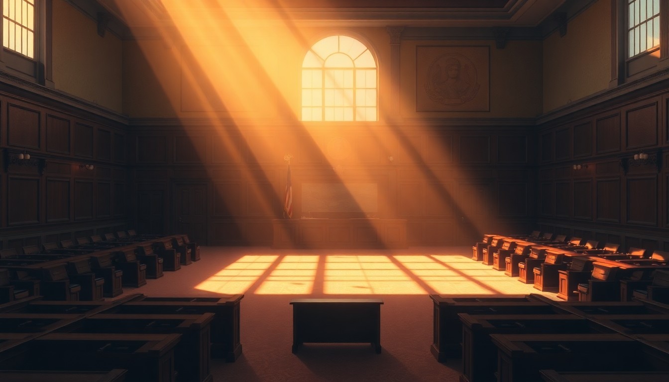A dimly lit, cinematic painting of an empty city council chamber, with warm sunlight streaming in through the windows and casting deep shadows across the empty seats and wooden paneling, conveying a sense of quiet contemplation and civic responsibility.