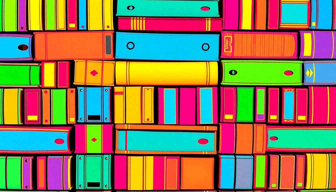 A grid of brightly colored, high-contrast silkscreen images of stacks of children's books in various neon shades, capturing the celebratory spirit of the book donation campaign.
