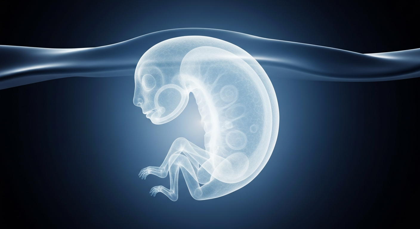 A ghostly, translucent X-ray image revealing the intricate structures of an early human embryo, conceptually representing the delicate and vital work of fertility treatments.