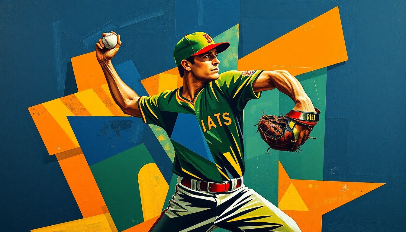 A fragmented, geometric painting depicting a baseball pitcher in the midst of his throwing motion, the figure broken down into sharp, overlapping planes of navy, green, and orange.