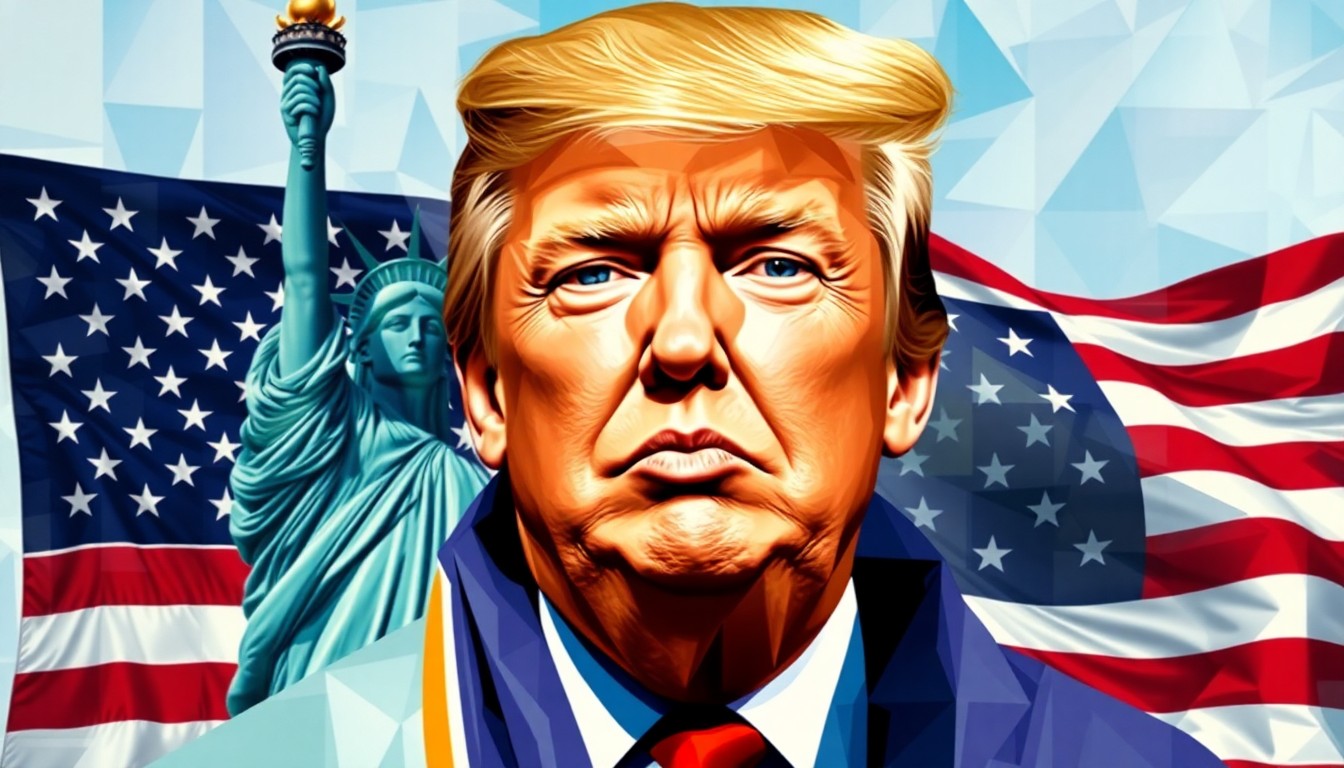 A fractured, abstract painting depicting an AI-generated image of Donald Trump's face overlaid on a religious figure, with the Statue of Liberty and American flag in the background, conveying the divisive political and religious implications of the former president's social media post.