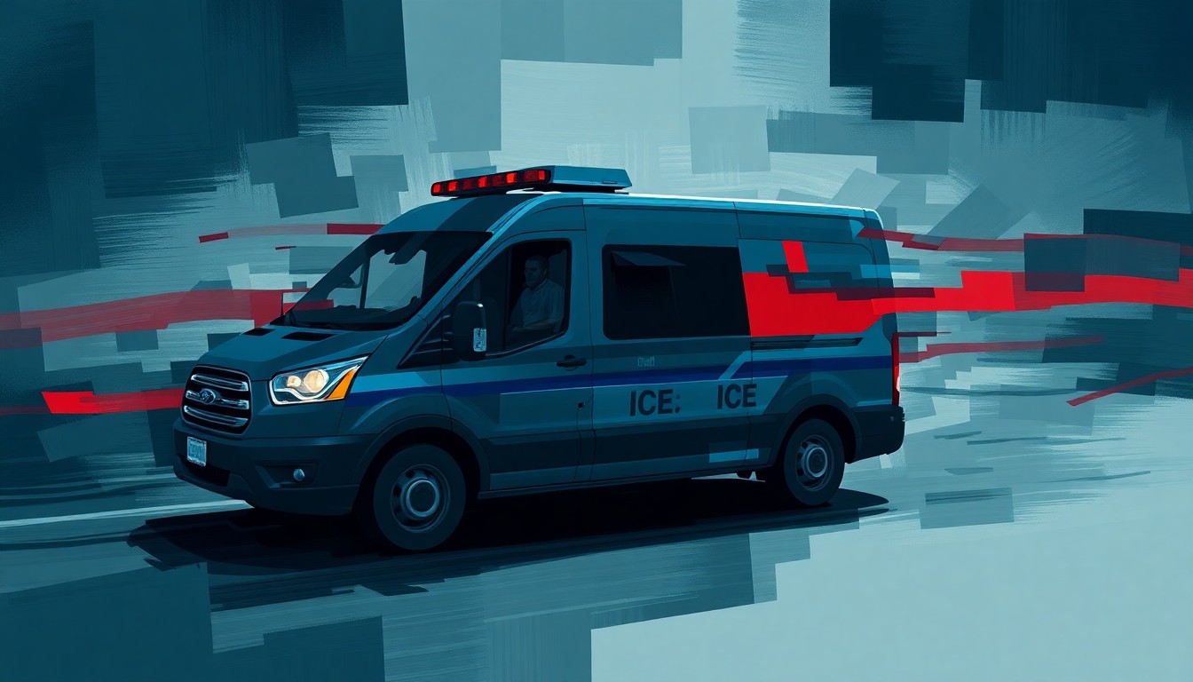 A fractured, abstract painting depicting an ICE vehicle in motion, with overlapping geometric shapes and waves of dark blue, gray, and red colors creating a sense of urgency and political tension around the issue of immigration enforcement.