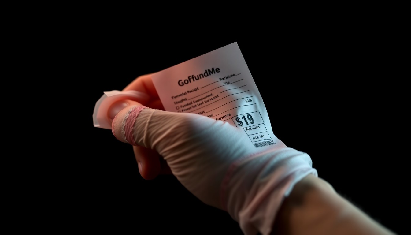 An extreme close-up photograph of a bandaged hand holding a crumpled donation receipt, creating a stark, gritty, investigative aesthetic that conceptually illustrates the deception behind a fraudulent online fundraiser.