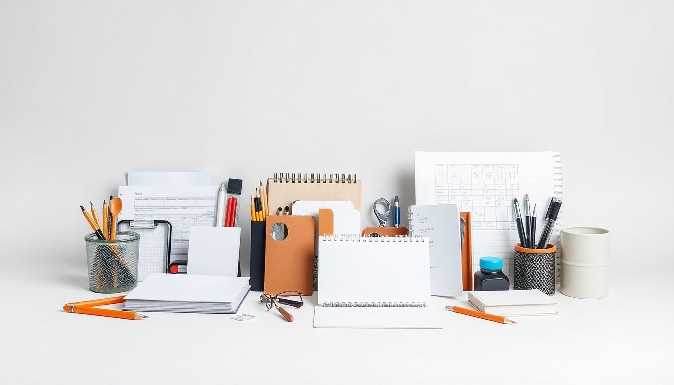 A photorealistic studio still life featuring a collection of premium office supplies and small business tools arranged elegantly on a clean, monochromatic background, conceptually representing the resources professionals can use to support local enterprises.