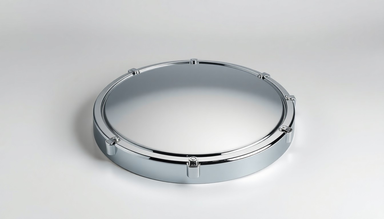 A highly detailed, photorealistic studio photograph of a polished chrome septic tank lid resting on a clean, monochromatic background, conveying the importance of reliable septic system management.