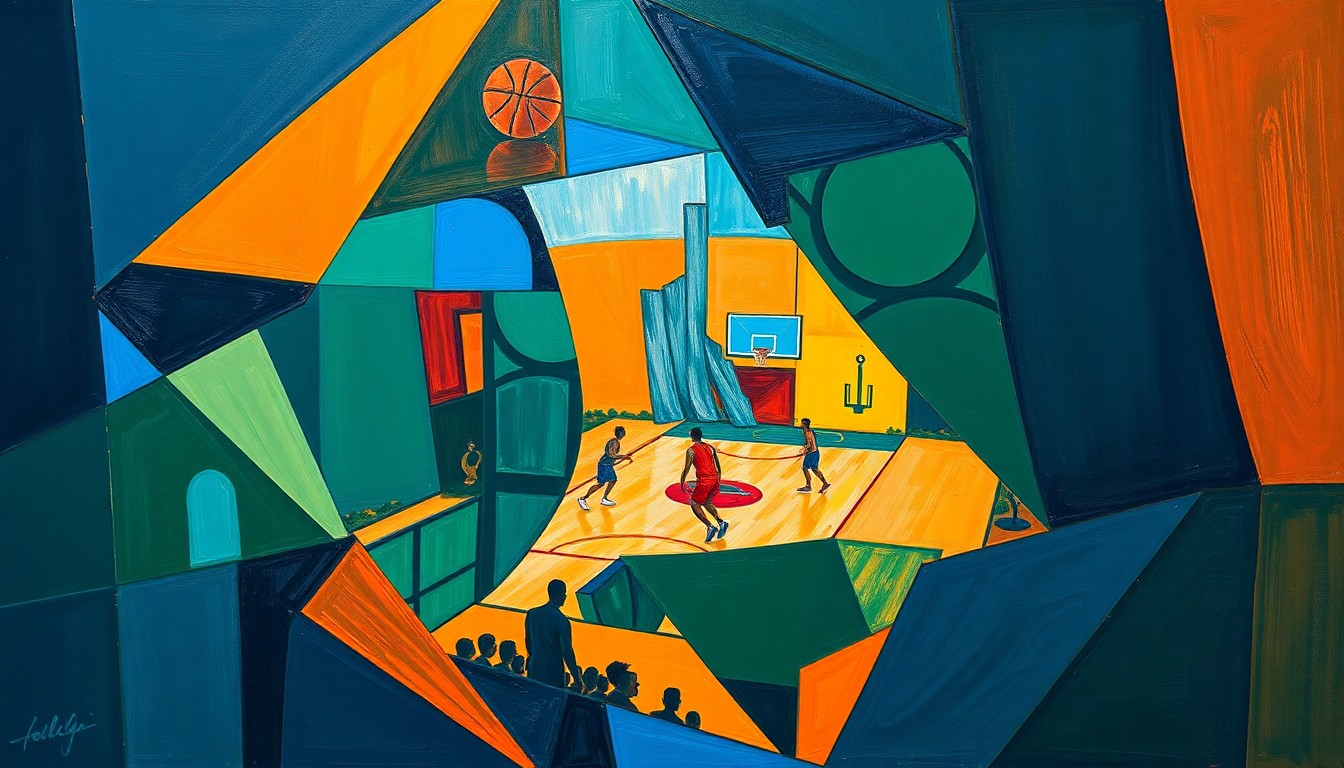 A cubist-style painting featuring sharp, overlapping geometric shapes in navy, green, and orange, conceptually representing the dynamic movements and energy of a basketball game.