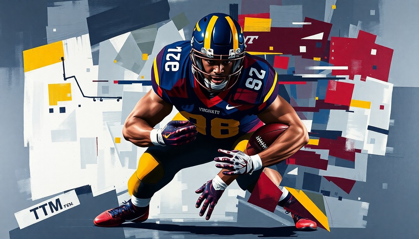 A cubist, geometric painting depicting the movements and actions of a football defensive lineman, with sharp, overlapping planes in navy blue, maroon, and gold colors.
